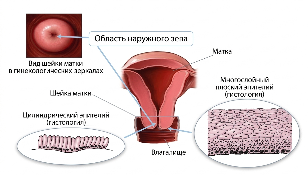 Строение шейки матки: многослойный плоский и цилиндрический эпителий